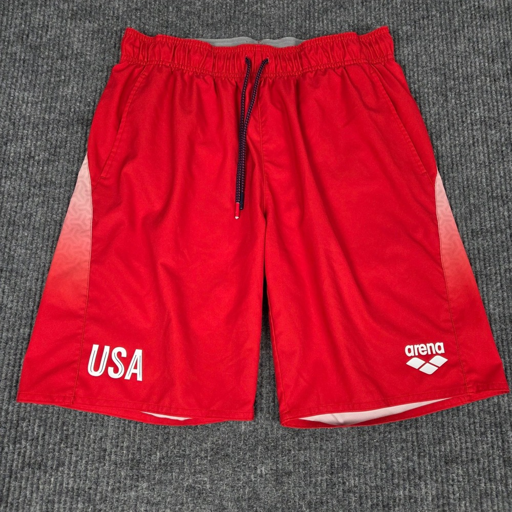 Arena Mens USA‎ 2020 Olympic Team Swimming Shorts Red Athletic Training Size M